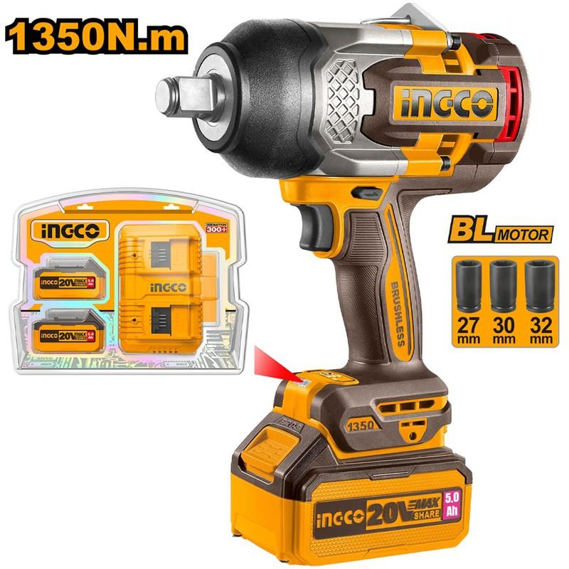 INGCO Li-ion Kömürsüz Akülü Somun Sıkma 3/4'' 20V 1350Nm + Li-ion Akü ve Şarj Cihazı Seti 20V 5.0Ah (ING-FBCPK2425E)