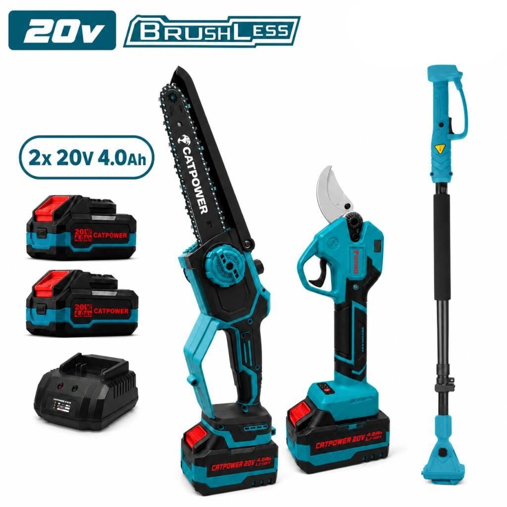 KÖMÜRSÜZ AKÜLÜ 2 Lİ SET DAL BUDAMA VE ZİNCİRLİ TESTERE (TELESKOPİK UZATMA) 20V 2.0Ah