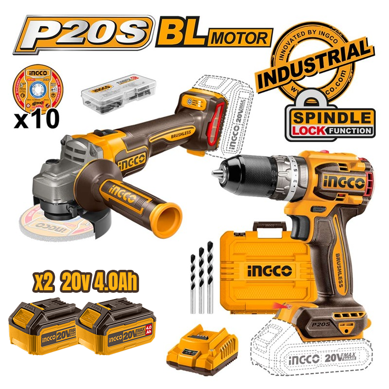 INGCO CKLI20273E Kömürsüz Li-ion Akülü 2 li Kombo Set - Matkap ve Avuç Taşlama  20V 2.0/4.0 Ah