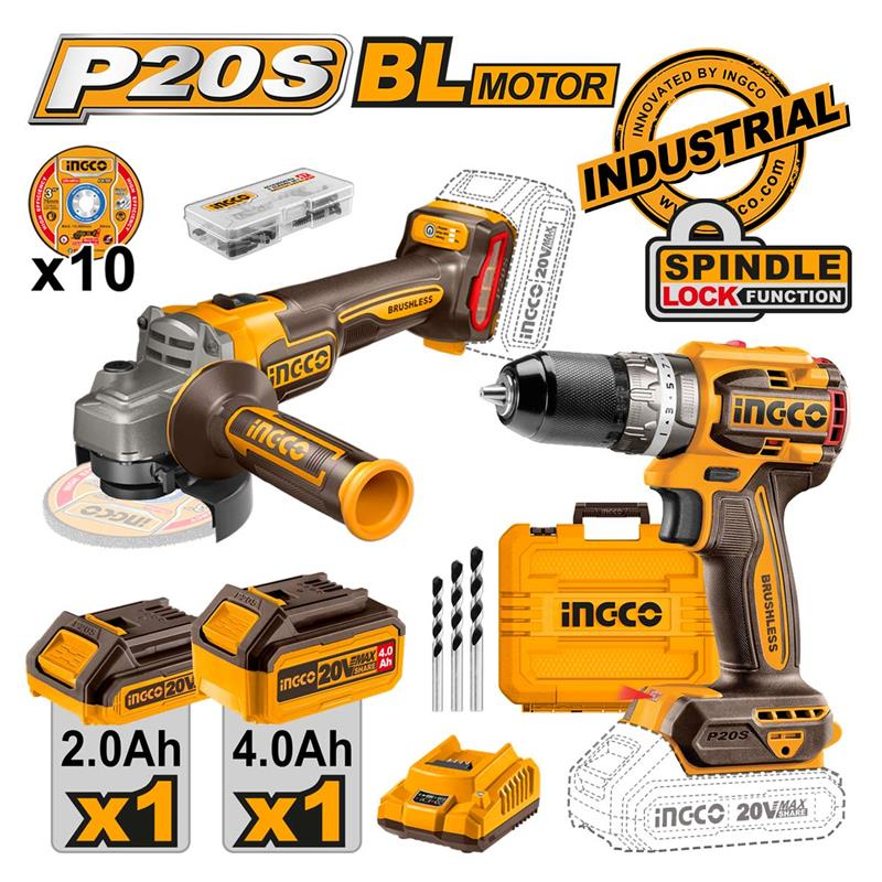 INGCO CKLI20273E Kömürsüz Li-ion Akülü 2 li Kombo Set - Matkap ve Avuç Taşlama  20V 2.0/4.0 Ah